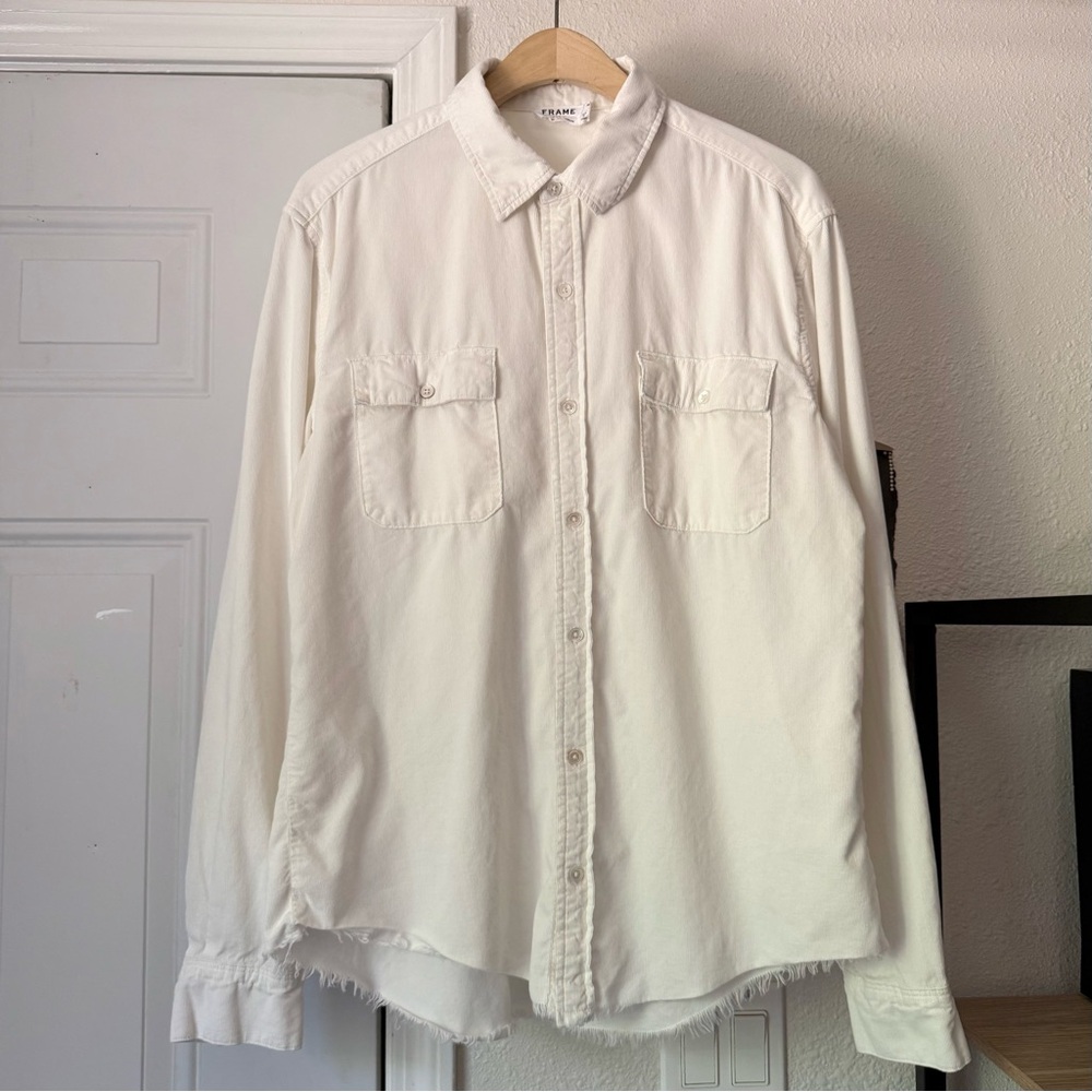 FRAME off white cotton corduroy raw fray hem long sleeve button up shirt